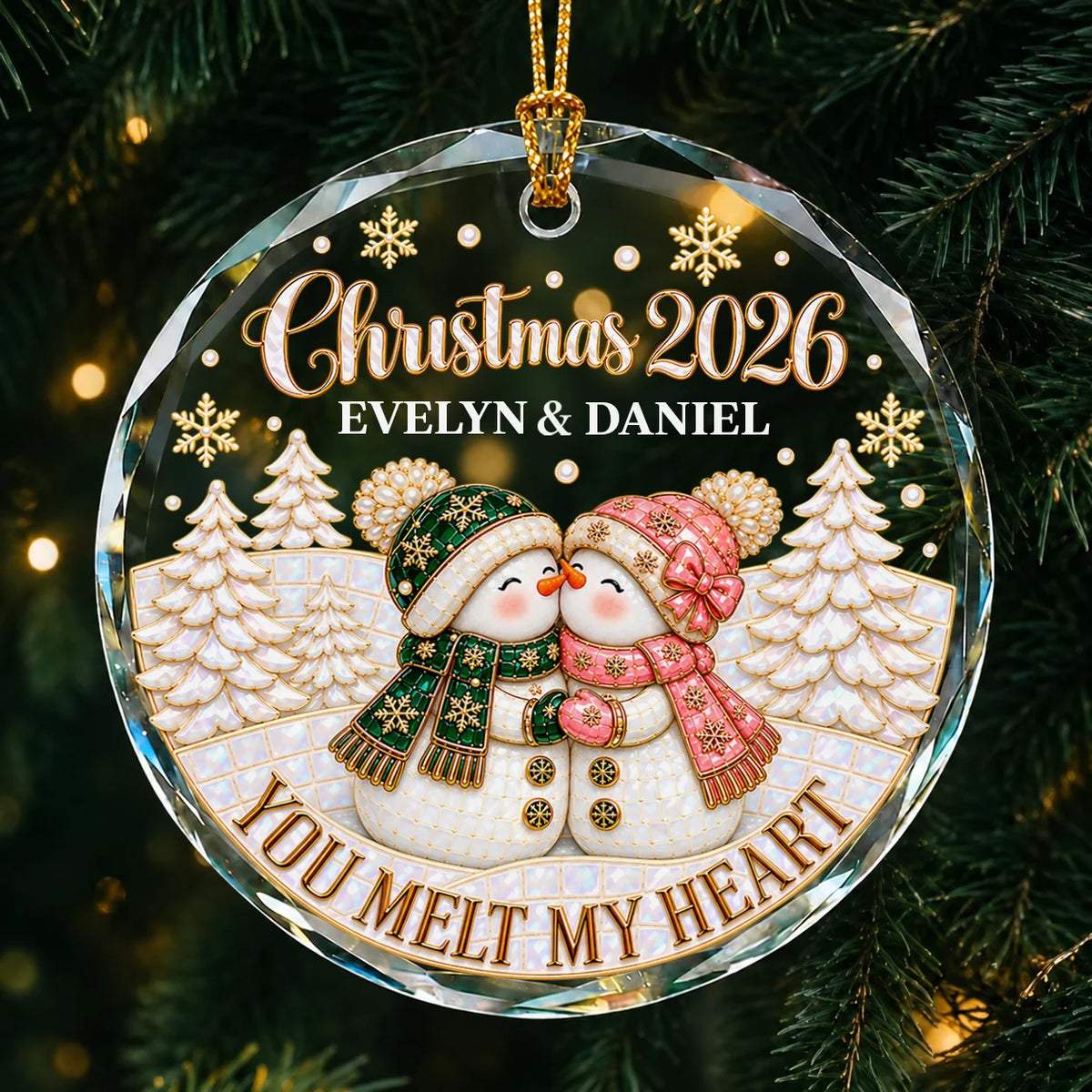 Personalized You Melt My Heart Snowman Couple Winter Forest Anniversary Glass Christmas Ornament – Gift for Couples