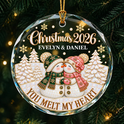 Personalized You Melt My Heart Snowman Couple Winter Forest Anniversary Glass Christmas Ornament – Gift for Couples