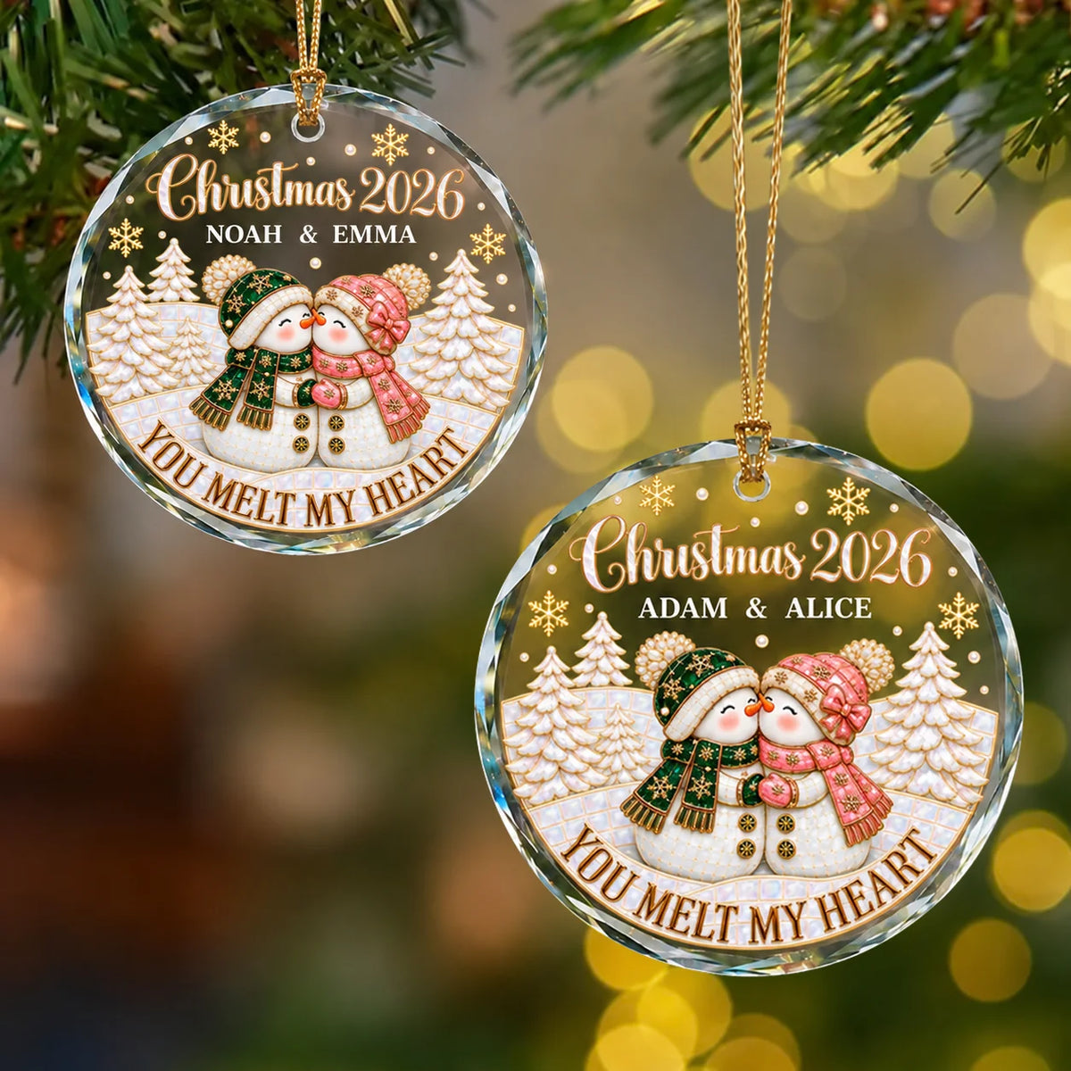 Personalized You Melt My Heart Snowman Couple Winter Forest Anniversary Glass Christmas Ornament – Gift for Couples
