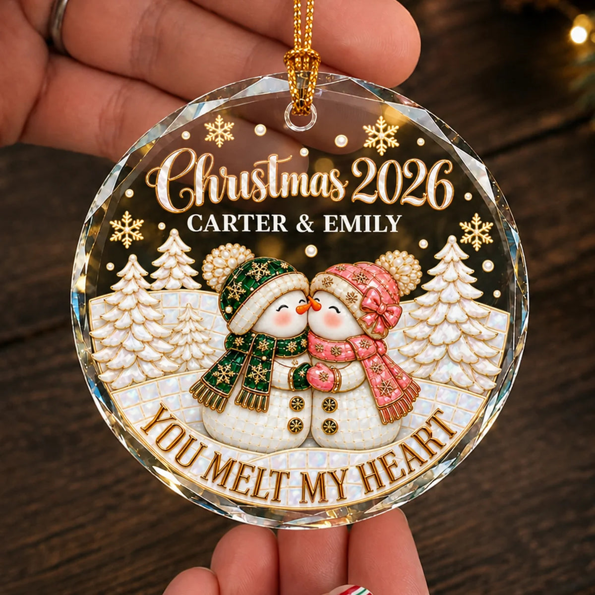 Personalized You Melt My Heart Snowman Couple Winter Forest Anniversary Glass Christmas Ornament – Gift for Couples