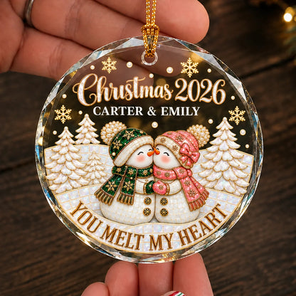 Personalized You Melt My Heart Snowman Couple Winter Forest Anniversary Glass Christmas Ornament – Gift for Couples