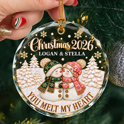 Personalized You Melt My Heart Snowman Couple Winter Forest Anniversary Glass Christmas Ornament – Gift for Couples