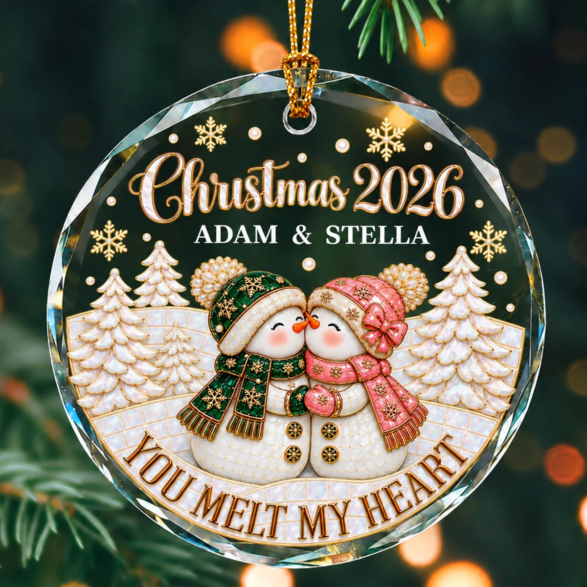 Personalized You Melt My Heart Snowman Couple Winter Forest Anniversary Glass Christmas Ornament – Gift for Couples