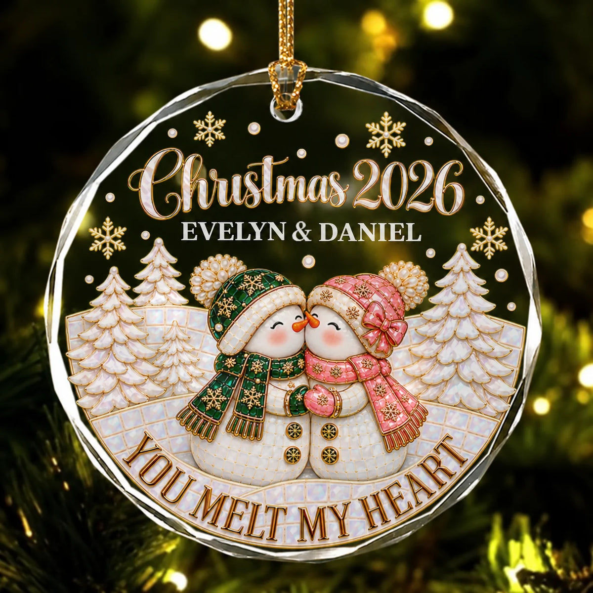 Personalized You Melt My Heart Snowman Couple Winter Forest Anniversary Glass Christmas Ornament – Gift for Couples
