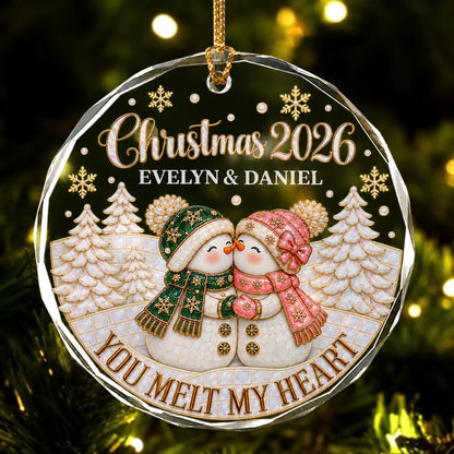 Personalized You Melt My Heart Snowman Couple Winter Forest Anniversary Glass Christmas Ornament – Gift for Couples