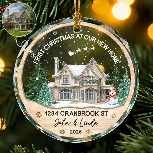 Personalized First Christmas in Our New Home Ornament, Watercolor Custom New House Photo - Glass Ornaments
