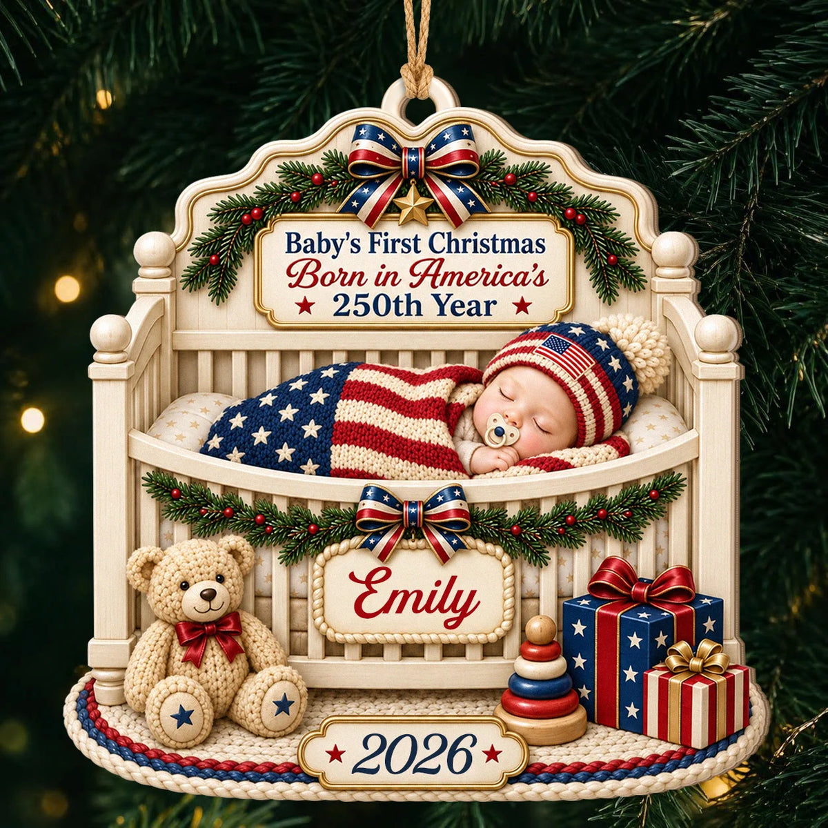 Personalized Baby's First Christmas Born in America's 250th Year Wood Crib Ornament – Custom Name & Year Gift for Kid