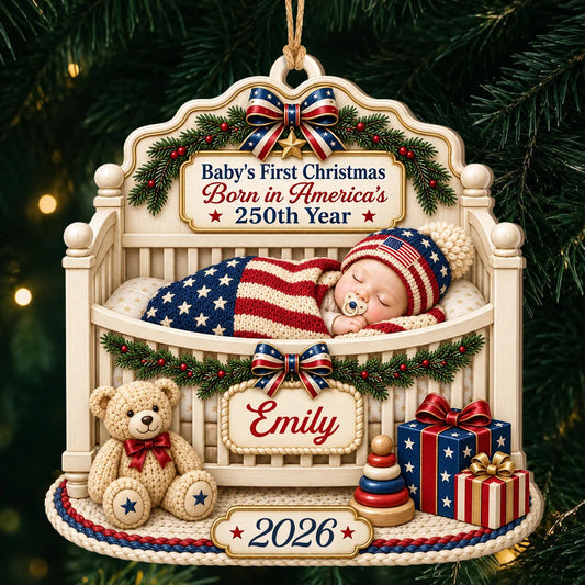 Personalized Baby's First Christmas Born in America's 250th Year Wood Crib Ornament – Custom Name & Year Gift for Kid