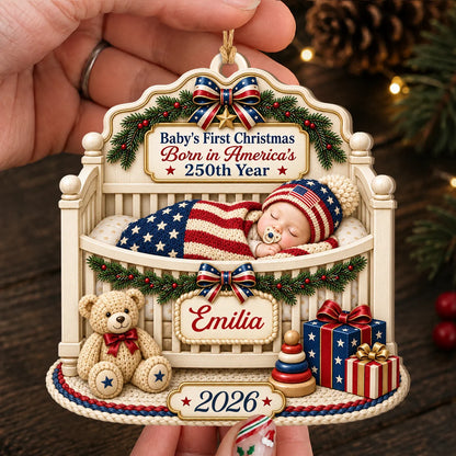 Personalized Baby's First Christmas Born in America's 250th Year Wood Crib Ornament – Custom Name & Year Gift for Kid