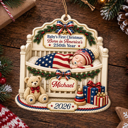 Personalized Baby's First Christmas Born in America's 250th Year Wood Crib Ornament – Custom Name & Year Gift for Kid