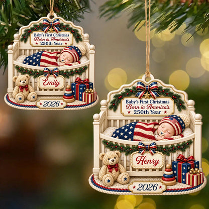 Personalized Baby's First Christmas Born in America's 250th Year Wood Crib Ornament – Custom Name & Year Gift for Kid
