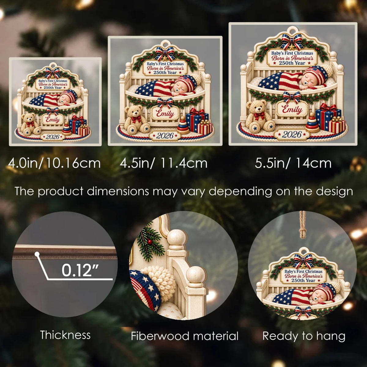 Personalized Baby's First Christmas Born in America's 250th Year Wood Crib Ornament – Custom Name & Year Gift for Kid