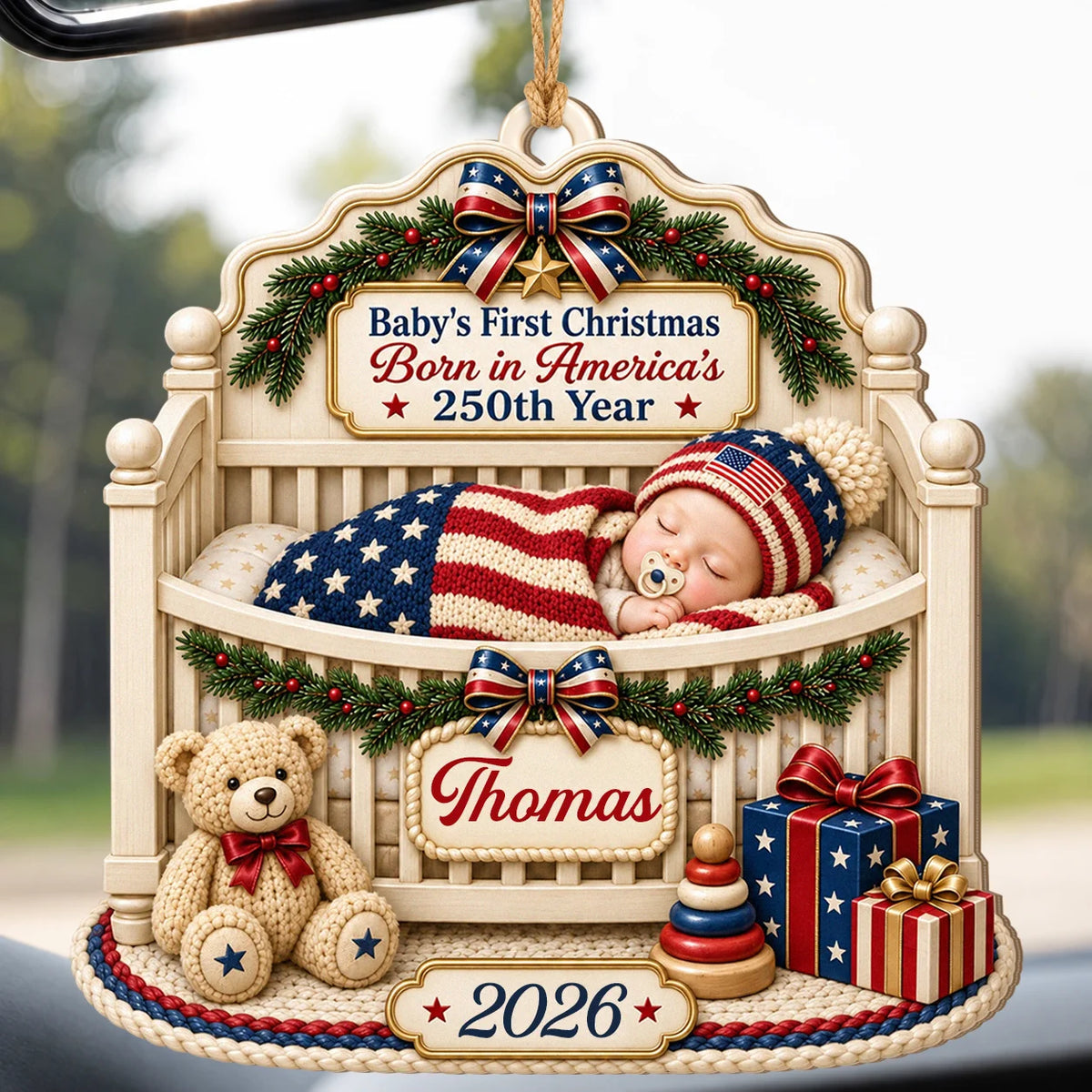 Personalized Baby's First Christmas Born in America's 250th Year Wood Crib Ornament – Custom Name & Year Gift for Kid