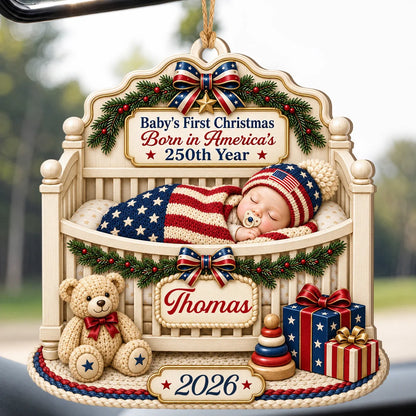 Personalized Baby's First Christmas Born in America's 250th Year Wood Crib Ornament – Custom Name & Year Gift for Kid
