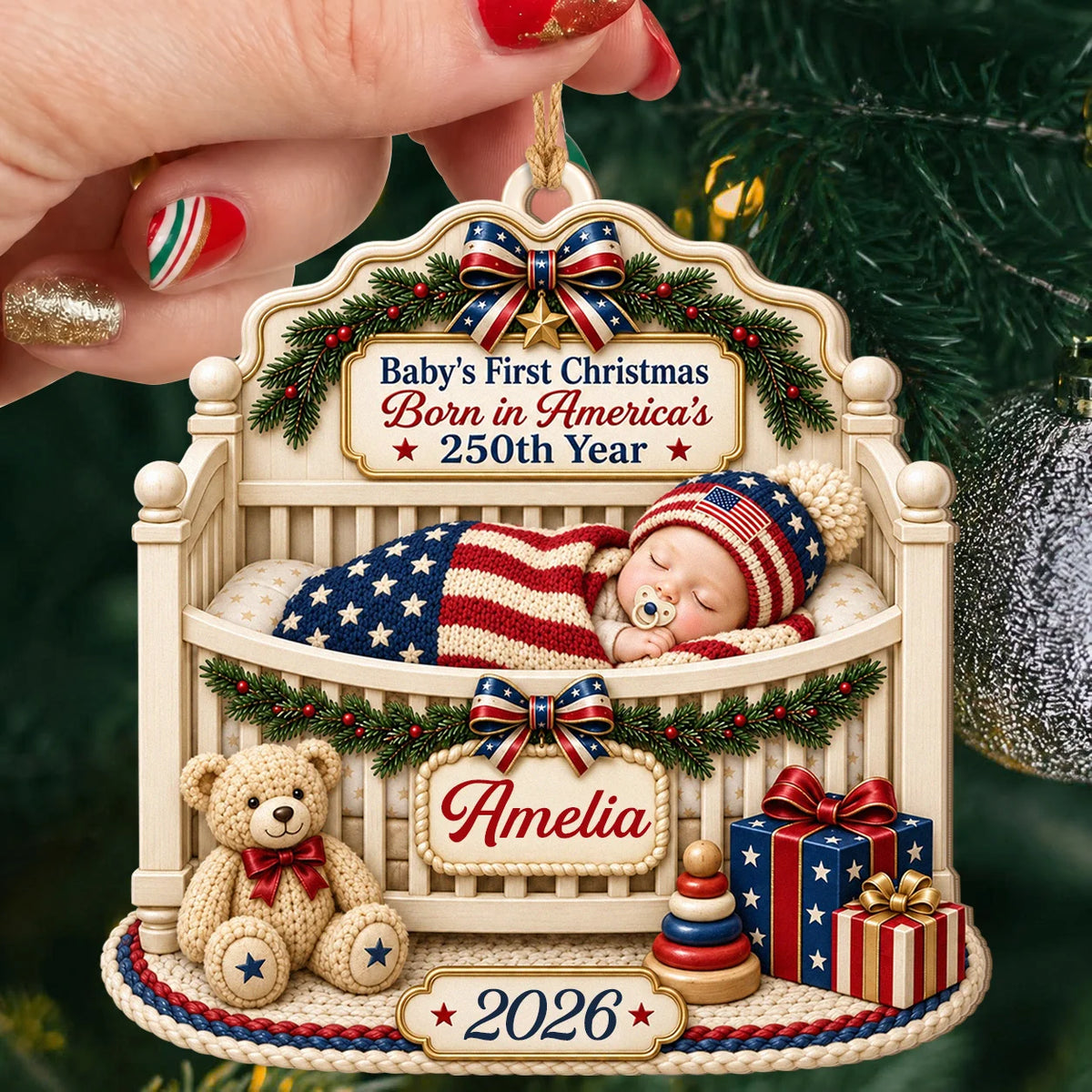 Personalized Baby's First Christmas Born in America's 250th Year Wood Crib Ornament – Custom Name & Year Gift for Kid