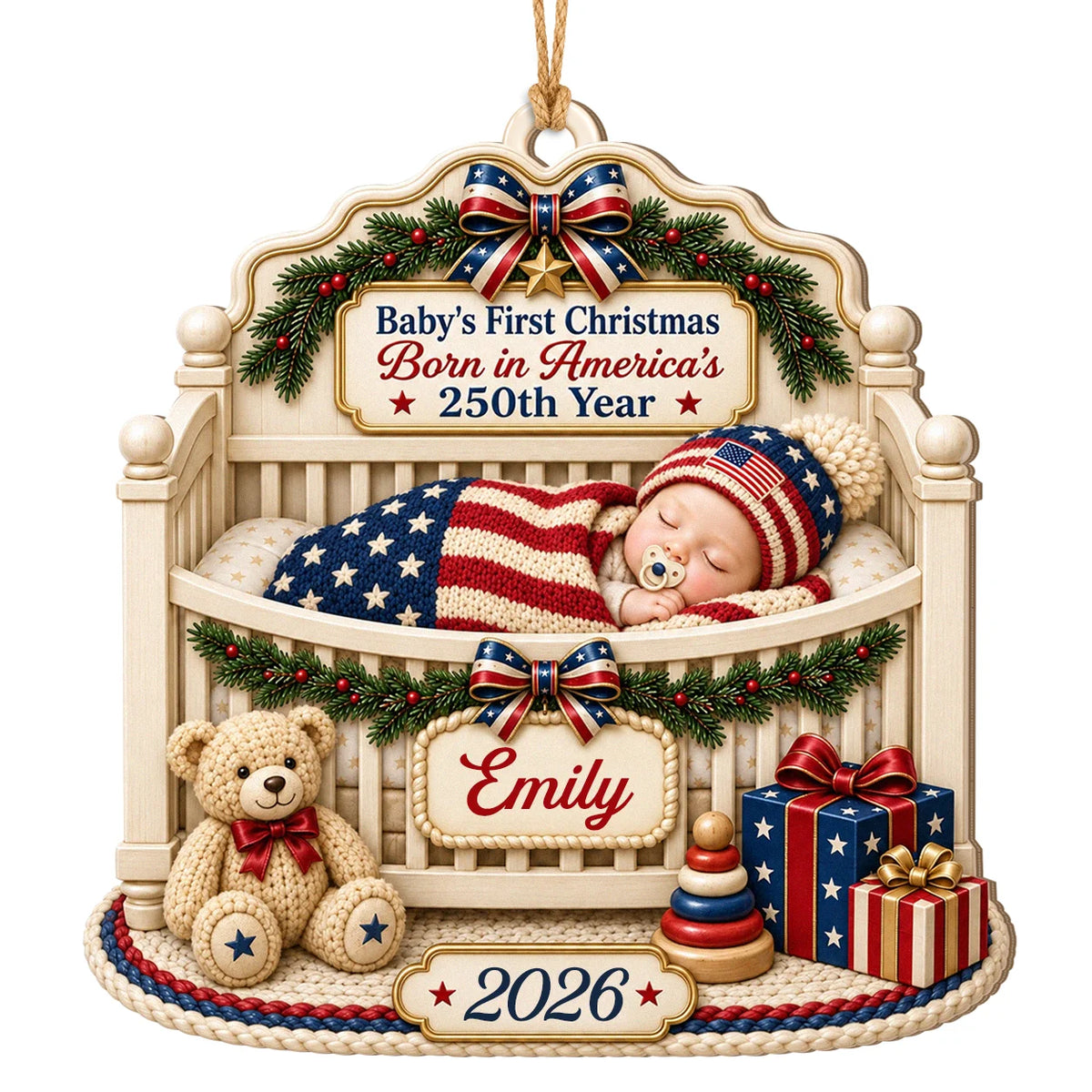 Personalized Baby's First Christmas Born in America's 250th Year Wood Crib Ornament – Custom Name & Year Gift for Kid