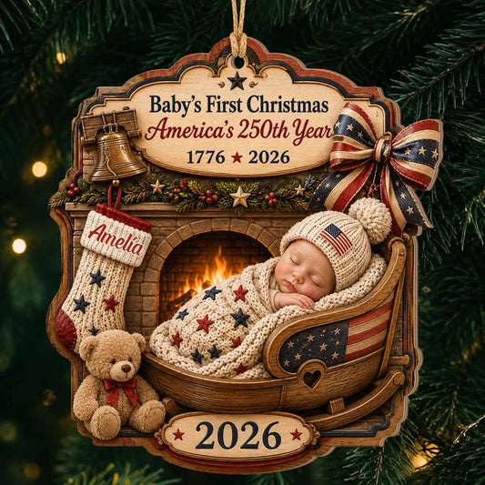 Personalized 250th Anniversary Baby’s First Christmas Fireplace Cradle Wood Ornament – Gift for Kid
