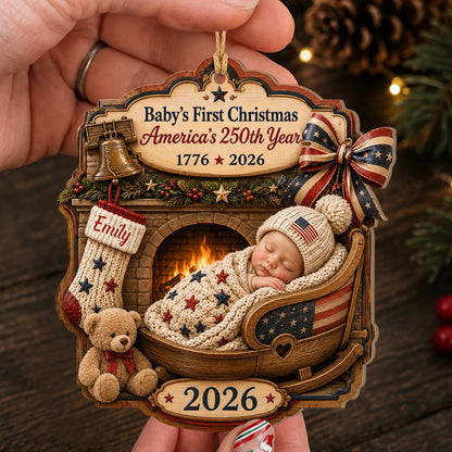 Personalized 250th Anniversary Baby’s First Christmas Fireplace Cradle Wood Ornament – Gift for Kid