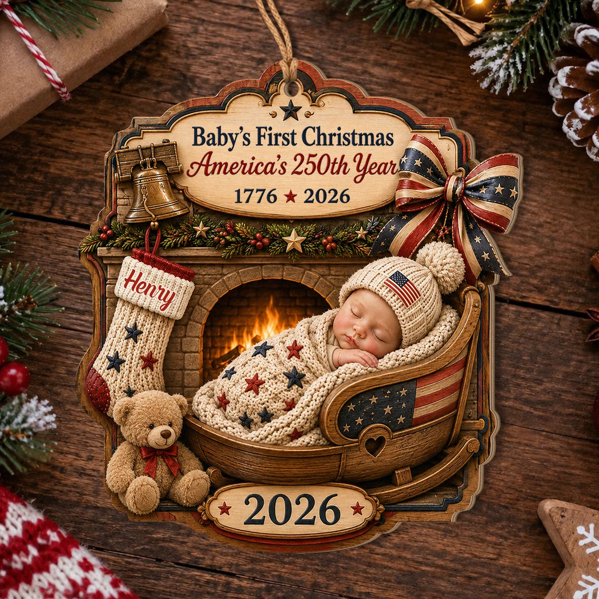 Personalized 250th Anniversary Baby’s First Christmas Fireplace Cradle Wood Ornament – Gift for Kid