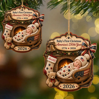 Personalized 250th Anniversary Baby’s First Christmas Fireplace Cradle Wood Ornament – Gift for Kid