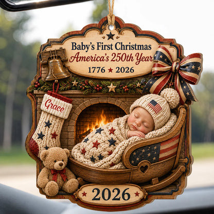 Personalized 250th Anniversary Baby’s First Christmas Fireplace Cradle Wood Ornament – Gift for Kid