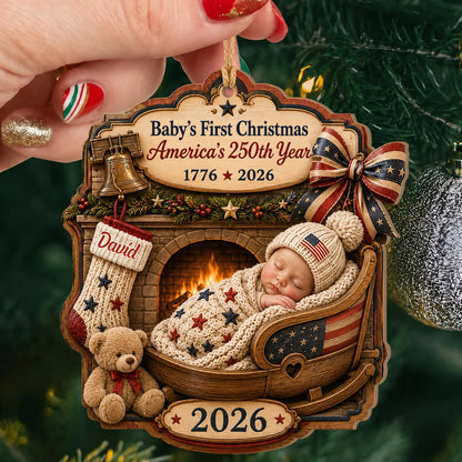 Personalized 250th Anniversary Baby’s First Christmas Fireplace Cradle Wood Ornament – Gift for Kid