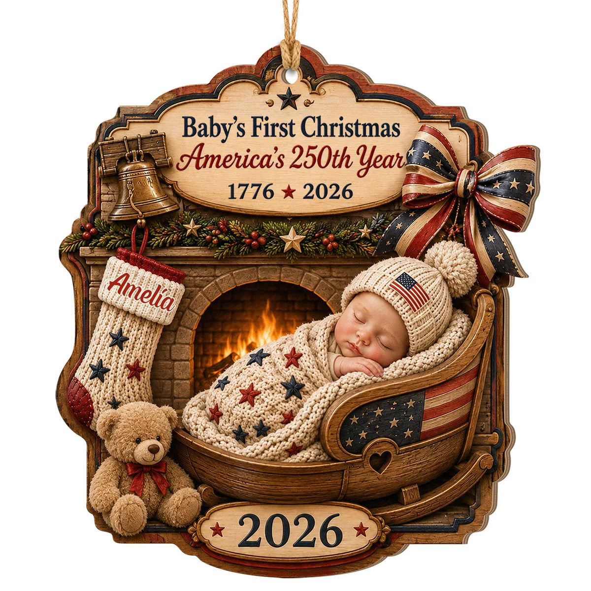Personalized 250th Anniversary Baby’s First Christmas Fireplace Cradle Wood Ornament – Gift for Kid
