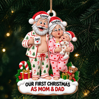 Personalisierter Holz-Weihnachtsschmuck „Unser erstes Weihnachten als Mama & Papa“ – Familien-Weihnachtspyjama & Babyflasche, individuelles Geschenk mit Namen für frischgebackene Eltern