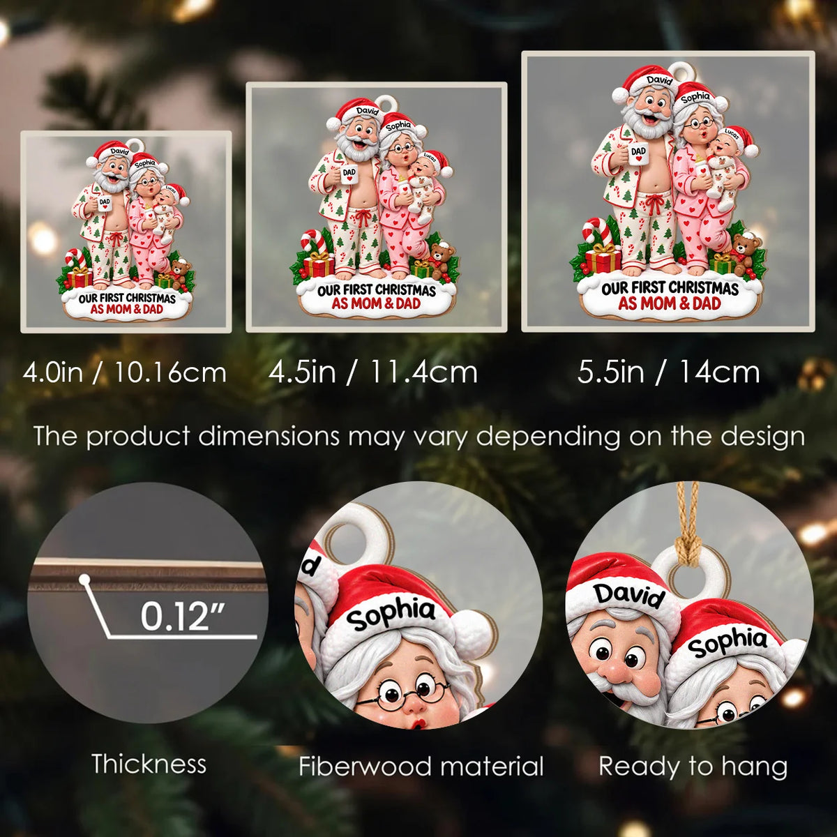 Personalisierter Holz-Weihnachtsschmuck „Unser erstes Weihnachten als Mama & Papa“ – Familien-Weihnachtspyjama & Babyflasche, individuelles Geschenk mit Namen für frischgebackene Eltern