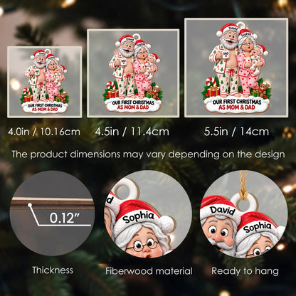 Personalisierter Holz-Weihnachtsschmuck „Unser erstes Weihnachten als Mama & Papa“ – Familien-Weihnachtspyjama & Babyflasche, individuelles Geschenk mit Namen für frischgebackene Eltern