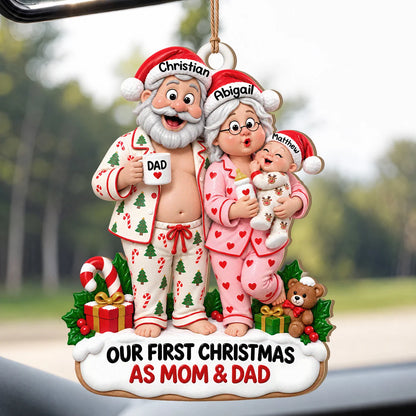 Personalisierter Holz-Weihnachtsschmuck „Unser erstes Weihnachten als Mama & Papa“ – Familien-Weihnachtspyjama & Babyflasche, individuelles Geschenk mit Namen für frischgebackene Eltern