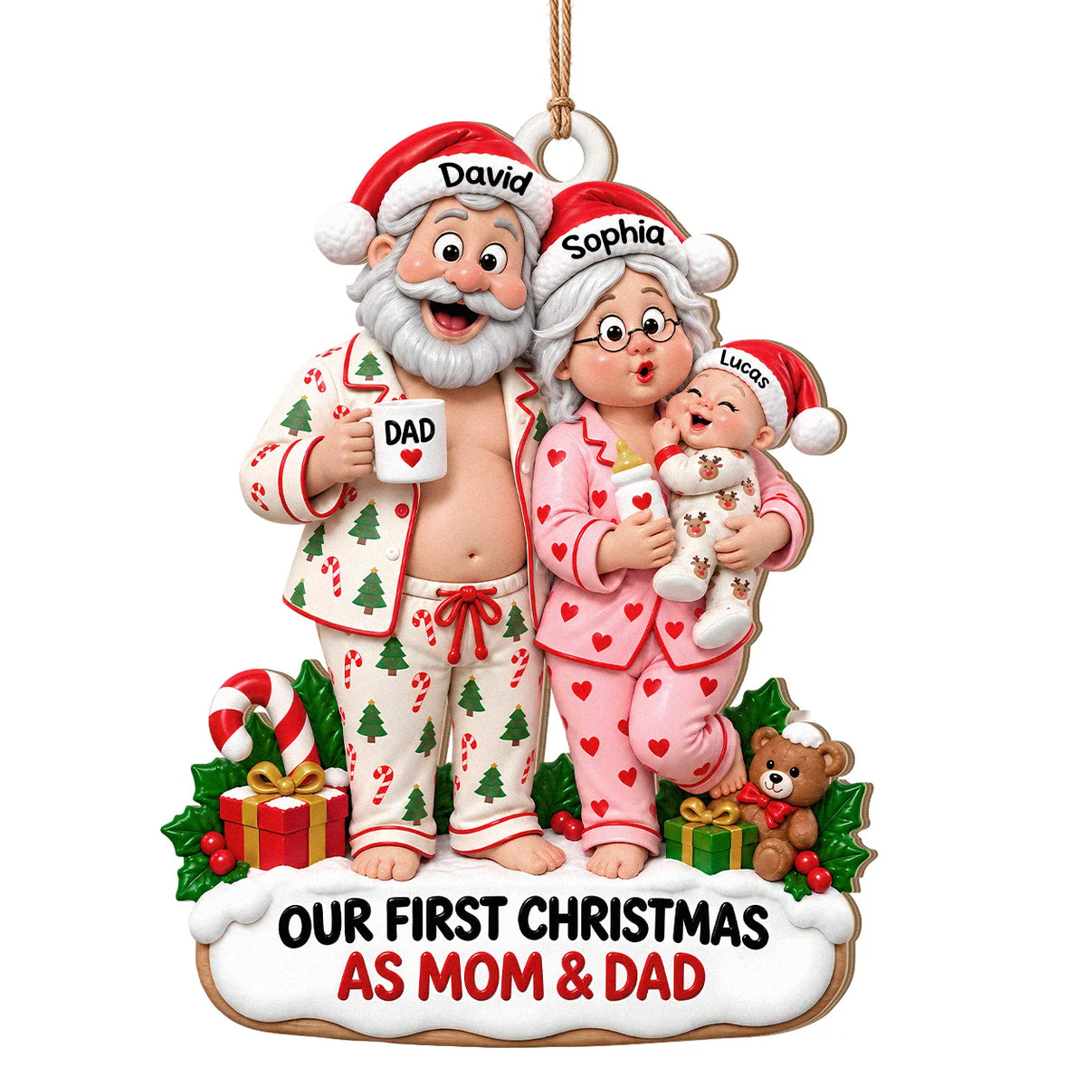 Personalisierter Holz-Weihnachtsschmuck „Unser erstes Weihnachten als Mama & Papa“ – Familien-Weihnachtspyjama & Babyflasche, individuelles Geschenk mit Namen für frischgebackene Eltern