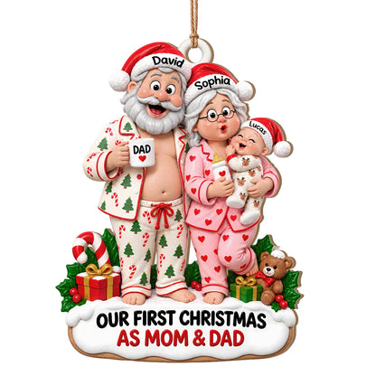 Personalisierter Holz-Weihnachtsschmuck „Unser erstes Weihnachten als Mama & Papa“ – Familien-Weihnachtspyjama & Babyflasche, individuelles Geschenk mit Namen für frischgebackene Eltern