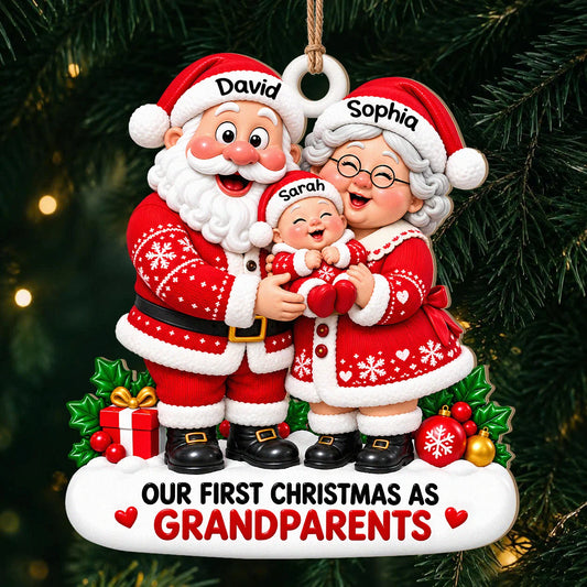 Personalized Our First Christmas As Grandparents Wood Ornament – Santa Couple Cuddling Baby Custom Names Gift for Family