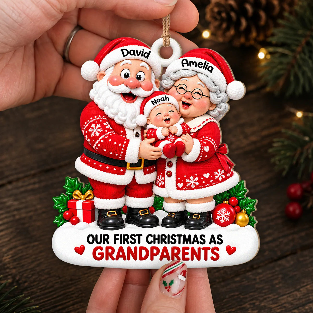 Personalized Our First Christmas As Grandparents Wood Ornament – Santa Couple Cuddling Baby Custom Names Gift for Family
