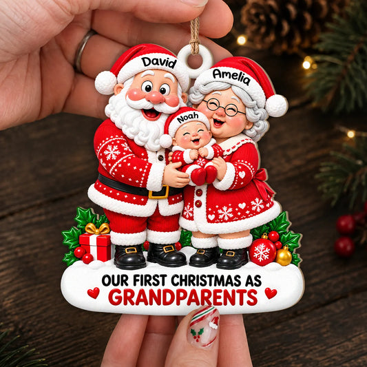Personalized Our First Christmas As Grandparents Wood Ornament – Santa Couple Cuddling Baby Custom Names Gift for Family