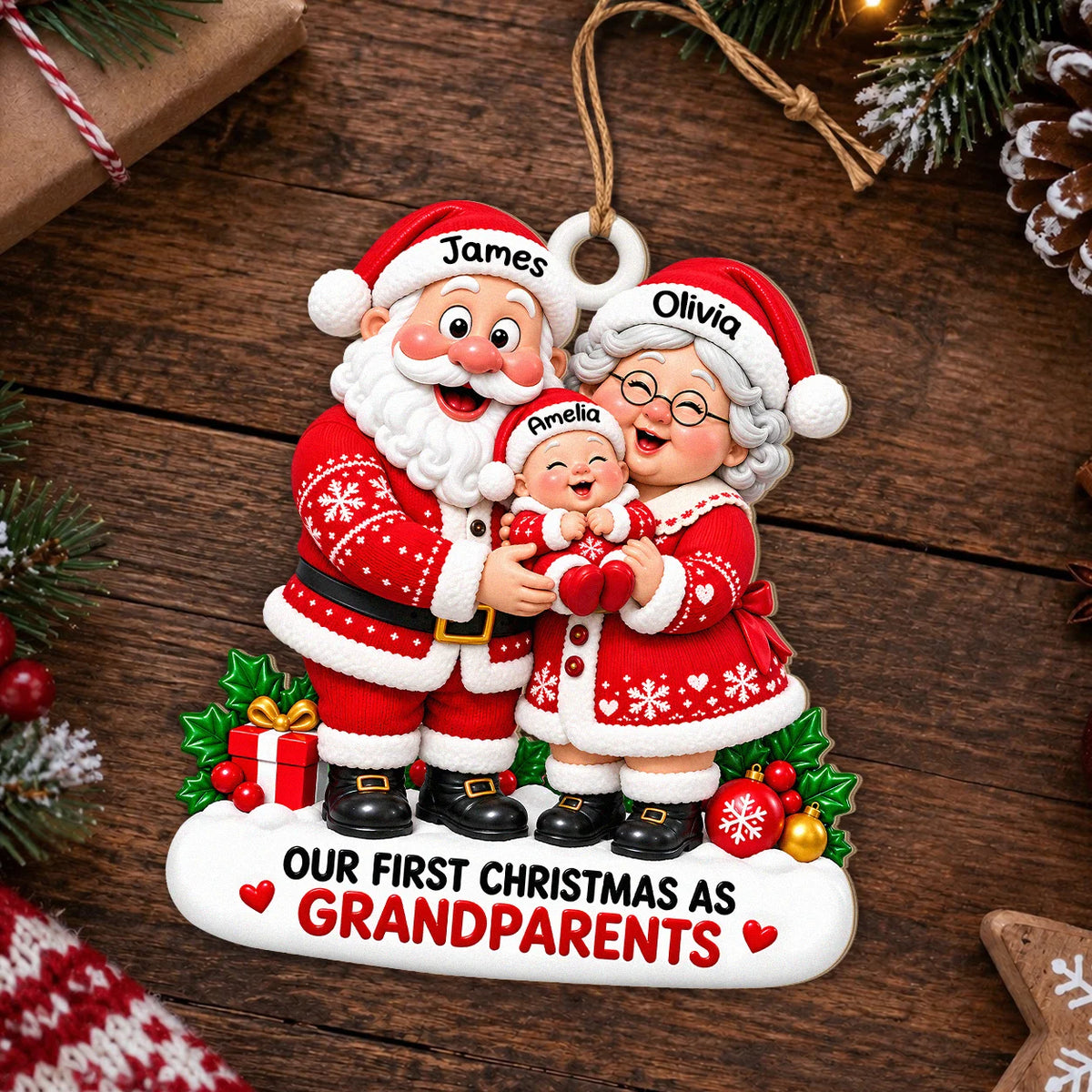 Personalized Our First Christmas As Grandparents Wood Ornament – Santa Couple Cuddling Baby Custom Names Gift for Family