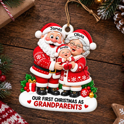 Personalized Our First Christmas As Grandparents Wood Ornament – Santa Couple Cuddling Baby Custom Names Gift for Family