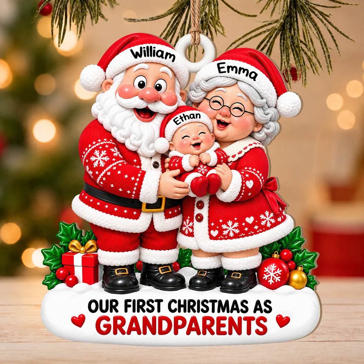 Personalized Our First Christmas As Grandparents Wood Ornament – Santa Couple Cuddling Baby Custom Names Gift for Family
