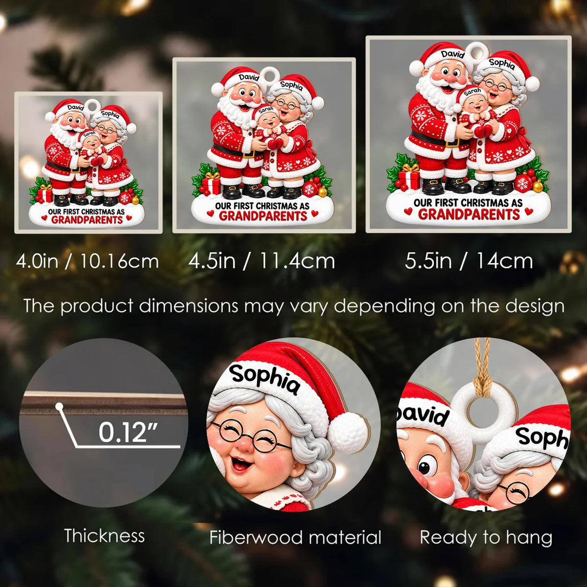 Personalized Our First Christmas As Grandparents Wood Ornament – Santa Couple Cuddling Baby Custom Names Gift for Family