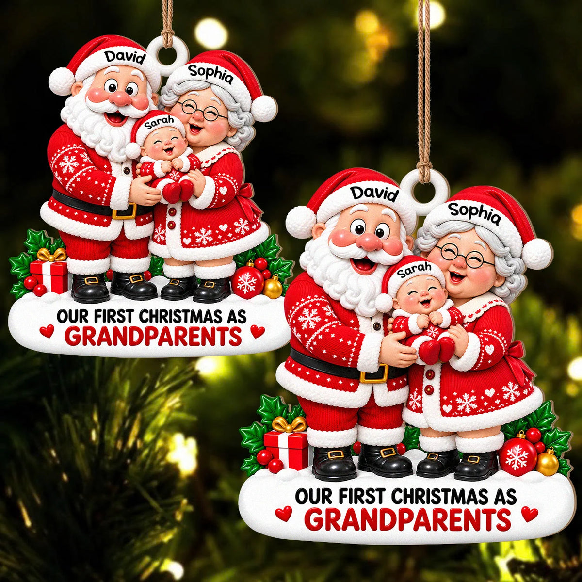 Personalized Our First Christmas As Grandparents Wood Ornament – Santa Couple Cuddling Baby Custom Names Gift for Family