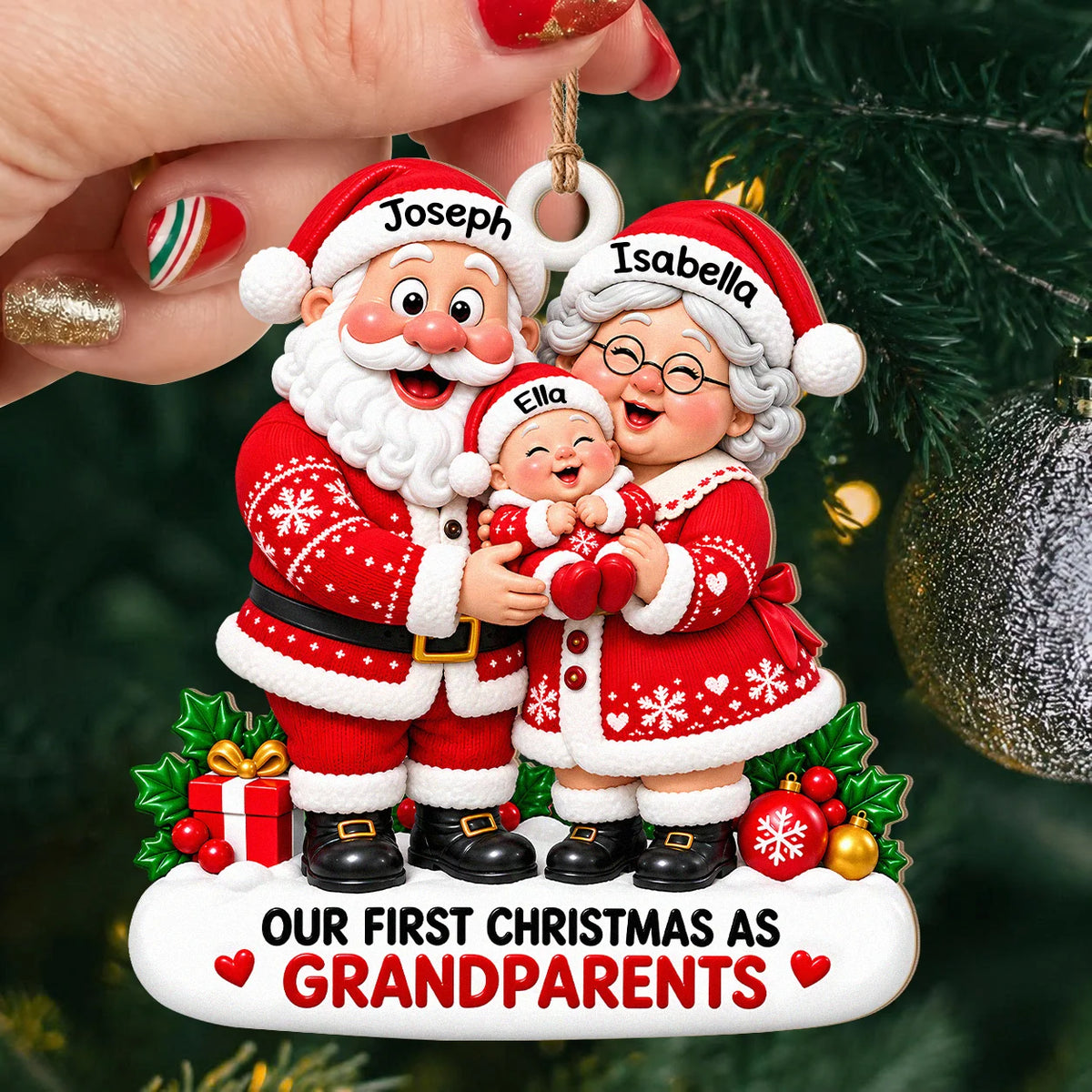 Personalized Our First Christmas As Grandparents Wood Ornament – Santa Couple Cuddling Baby Custom Names Gift for Family