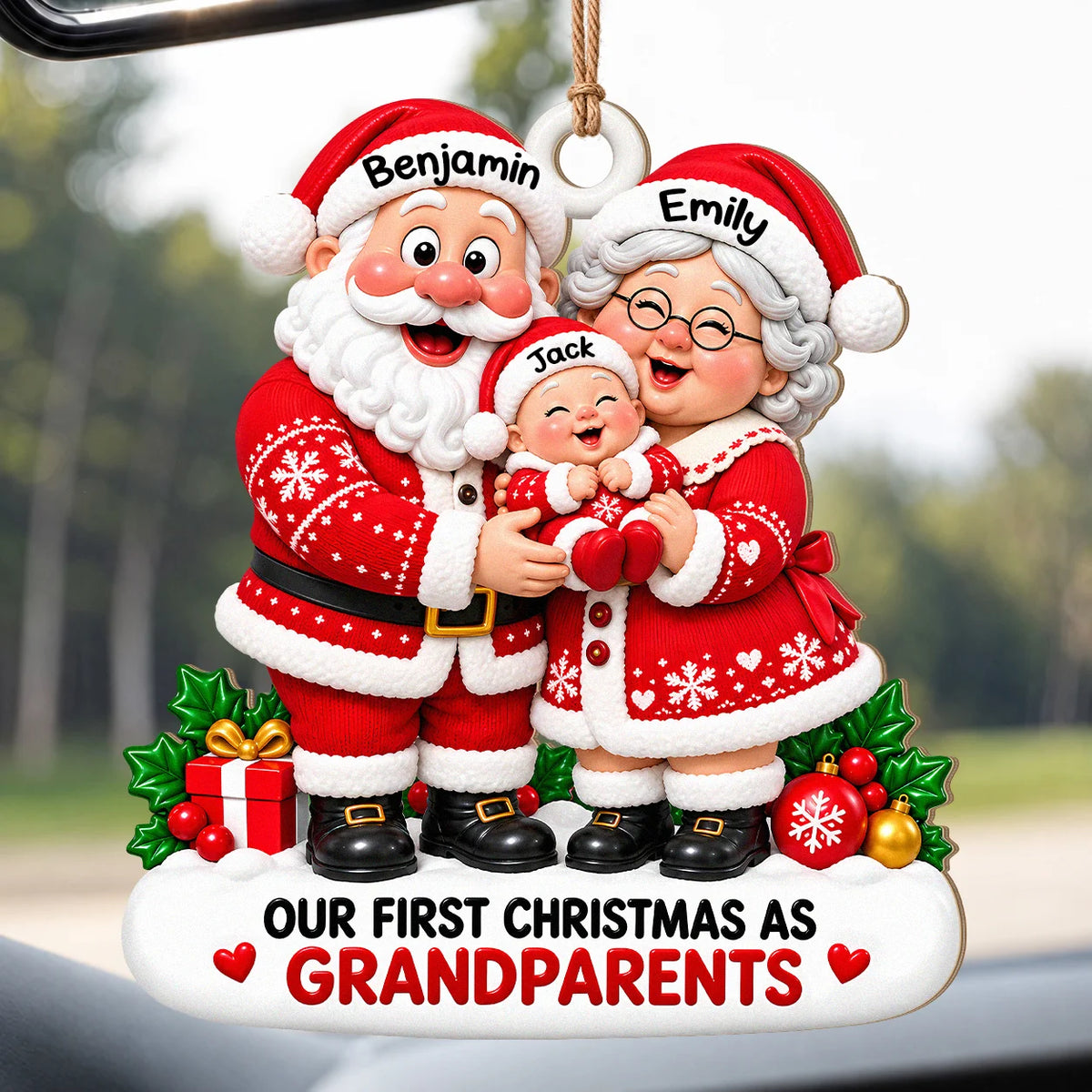 Personalized Our First Christmas As Grandparents Wood Ornament – Santa Couple Cuddling Baby Custom Names Gift for Family