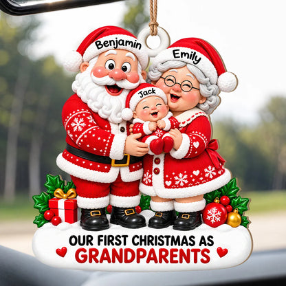 Personalized Our First Christmas As Grandparents Wood Ornament – Santa Couple Cuddling Baby Custom Names Gift for Family