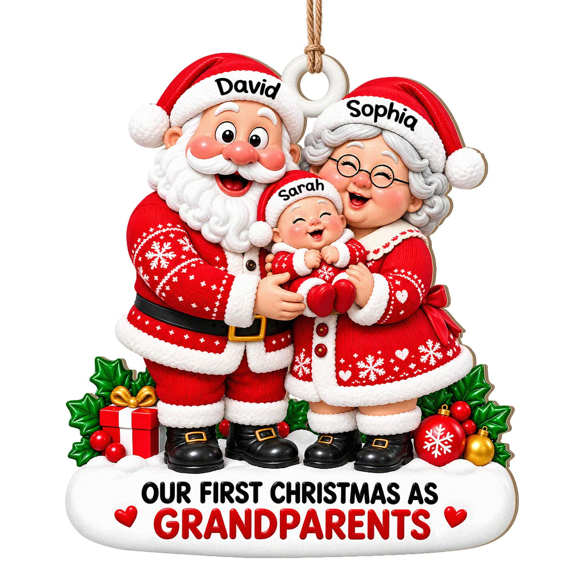 Personalized Our First Christmas As Grandparents Wood Ornament – Santa Couple Cuddling Baby Custom Names Gift for Family