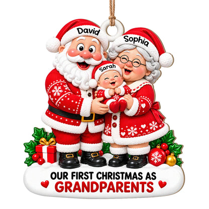 Personalized Our First Christmas As Grandparents Wood Ornament – Santa Couple Cuddling Baby Custom Names Gift for Family