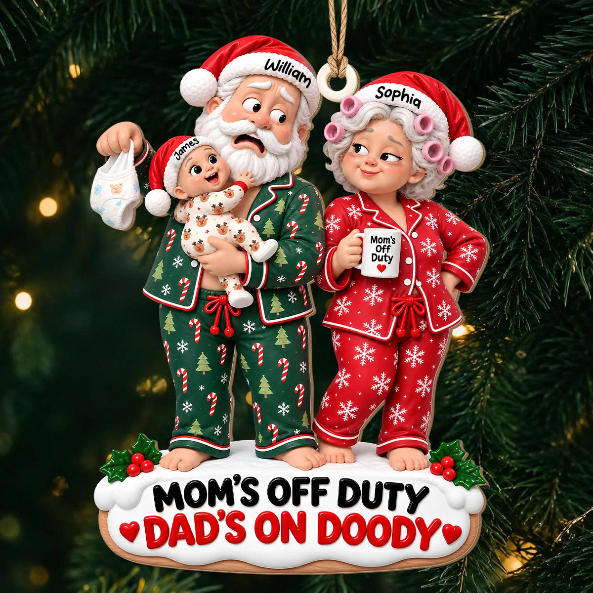 Personalized Mom's Off Duty Dad's On Doody Christmas Wood Ornament – Funny Diaper Duty Custom Names Gift for New Parents