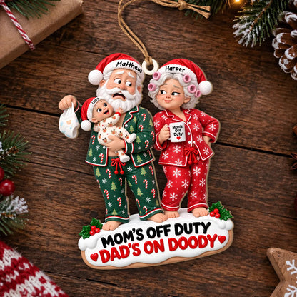 Personalized Mom's Off Duty Dad's On Doody Christmas Wood Ornament – Funny Diaper Duty Custom Names Gift for New Parents