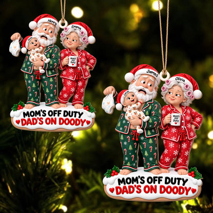 Personalized Mom's Off Duty Dad's On Doody Christmas Wood Ornament – Funny Diaper Duty Custom Names Gift for New Parents