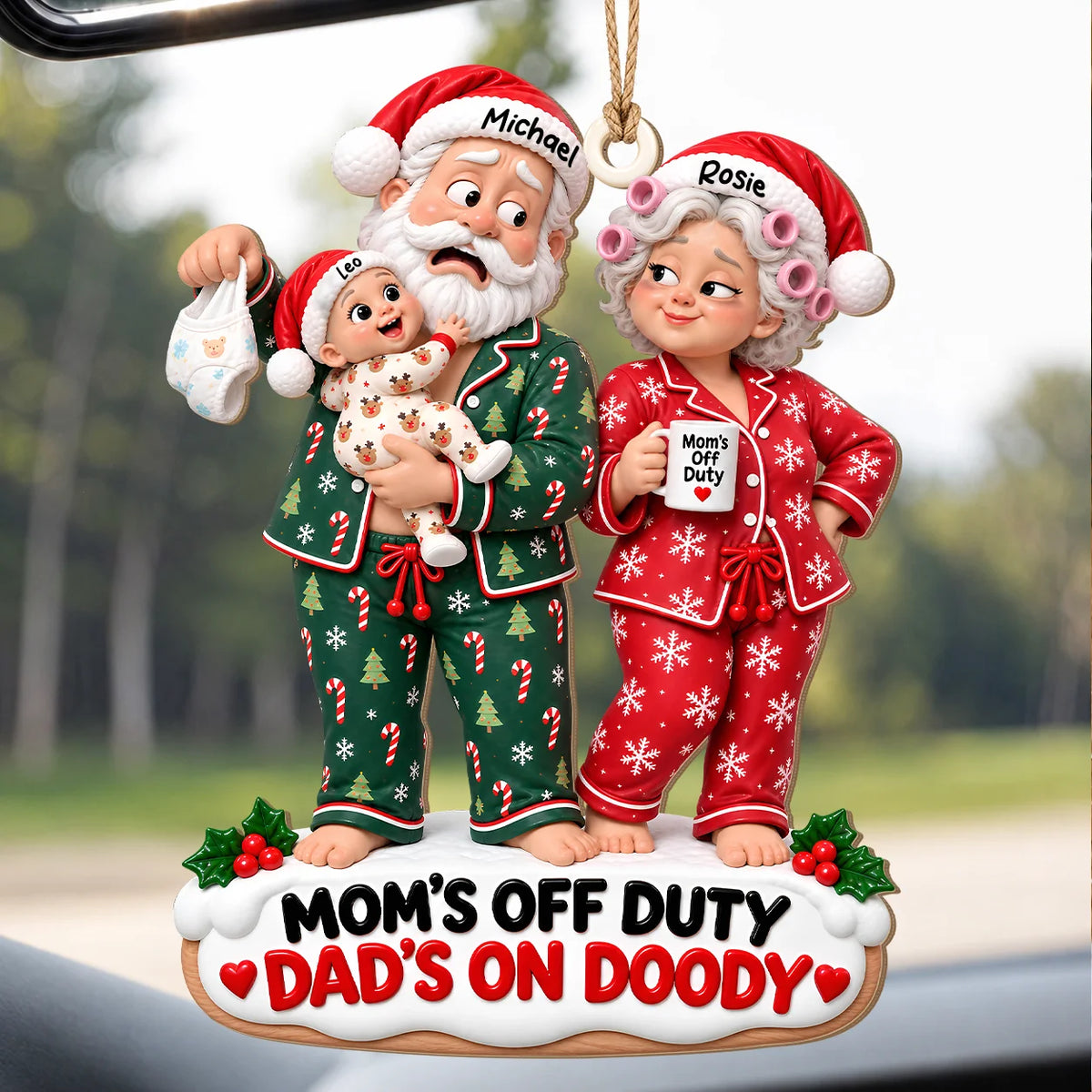 Personalized Mom's Off Duty Dad's On Doody Christmas Wood Ornament – Funny Diaper Duty Custom Names Gift for New Parents